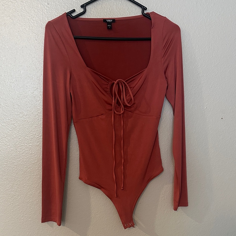Express Rust Tie-Front Long Sleeve Slimming Bodysuit